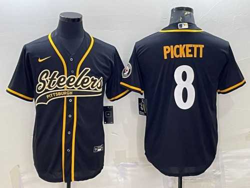 Mens Pittsburgh Steelers #8 Kenny Pickett Black With Patch Cool Base Stitched Baseball Jersey